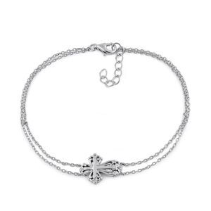 Sterling Silver Vintage Floral Cross Double Chain Bracelet New